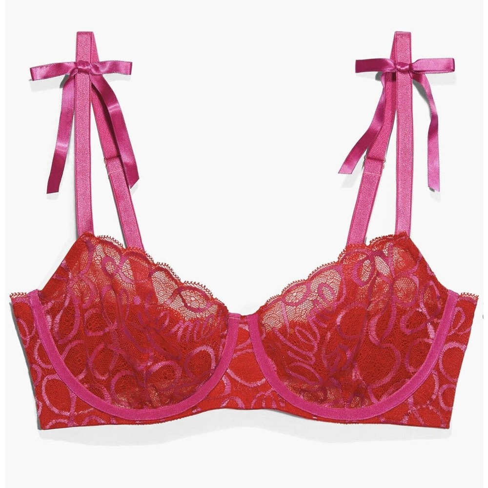 SAVAGE X FENTY Red Pink LACE RIBBON WRITING UNLINED BALCONETTE BRA PLUS 46DDD